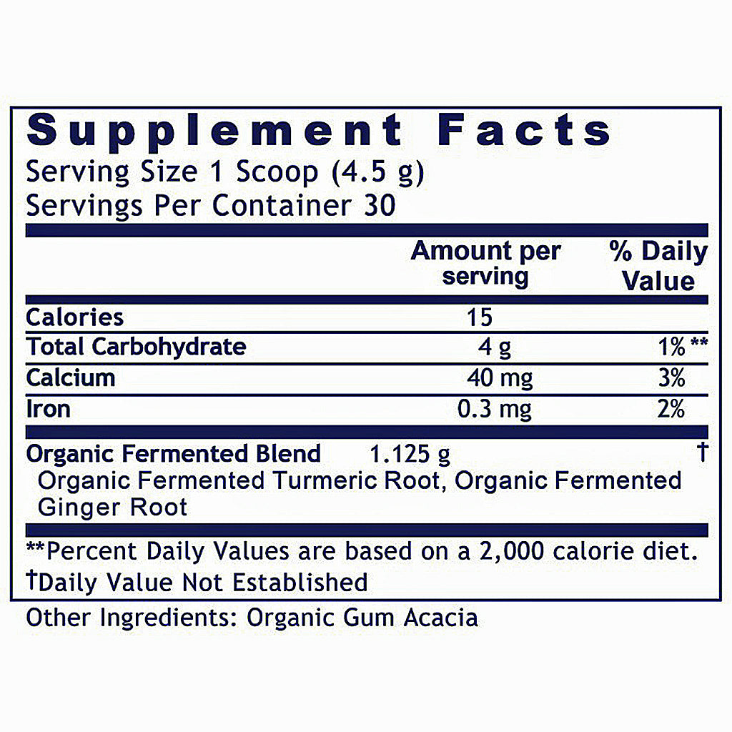 A Supplement Facts label from a supplement box, showing serving size 1 scoop (4.5 g), 30 servings per container, with listed nutrients including calories, total carbohydrate, calcium, and iron, plus organic fermented blend and other ingredients.