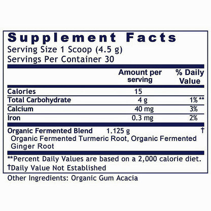 A Supplement Facts label from a supplement box, showing serving size 1 scoop (4.5 g), 30 servings per container, with listed nutrients including calories, total carbohydrate, calcium, and iron, plus organic fermented blend and other ingredients.