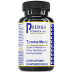 A black plastic bottle of Premier Research Labs Tyrosine Matrix dietary supplement with a white label and blue text, set against a plain white background.