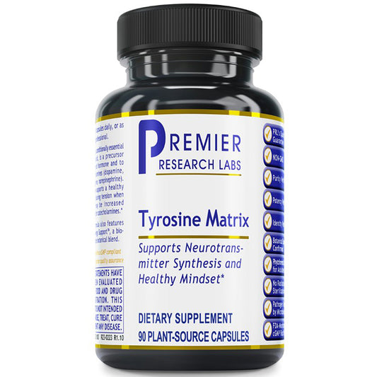 A black plastic bottle of Premier Research Labs Tyrosine Matrix dietary supplement with a white label and blue text, set against a plain white background.