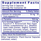 A close-up of a supplement facts label with blue text on a white background, showing serving size 3 capsules and ingredients including Calcium and L-Tyrosine.