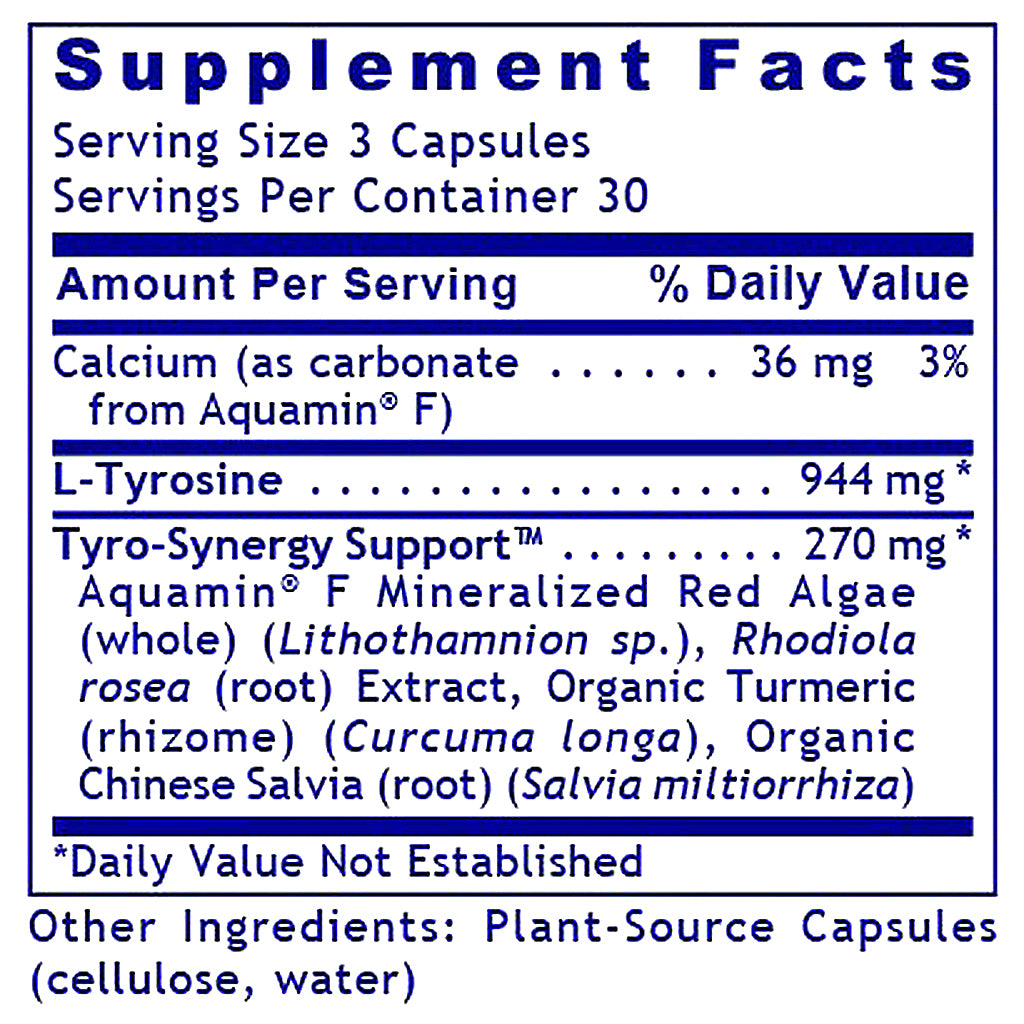 A close-up of a supplement facts label with blue text on a white background, showing serving size 3 capsules and ingredients including Calcium and L-Tyrosine.