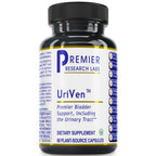 A black plastic bottle of Premier Research Labs UriVen dietary supplement with a white label and black cap, shown on a plain white background.