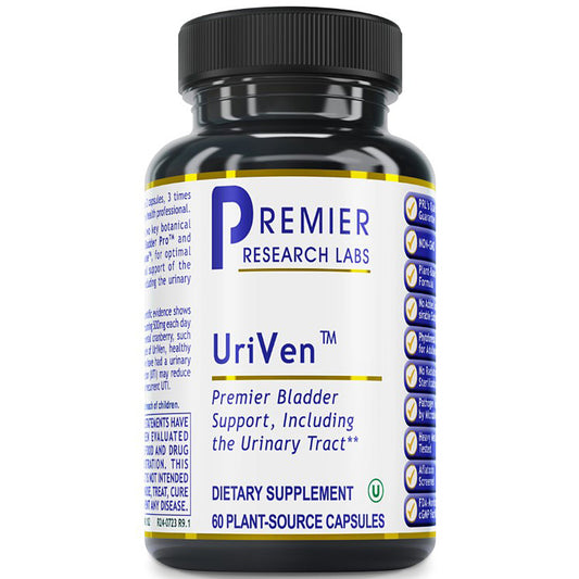 A black plastic bottle of Premier Research Labs UriVen dietary supplement with a white label and black cap, shown on a plain white background.