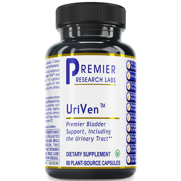 A black plastic bottle of Premier Research Labs UriVen dietary supplement with a white label and black cap, shown on a plain white background.
