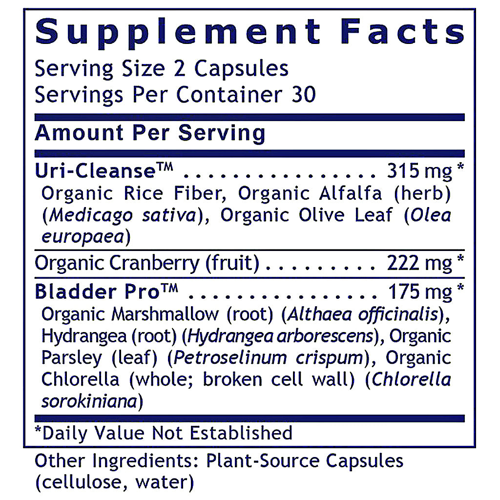 A close-up of a supplement facts label showing 'Supplement Facts' for Uri-Cleanse and Bladder Pro, with serving size 2 capsules and listed ingredients including organic rice fiber, alfalfa, olive leaf, cranberry, marshmallow, parsley, cholella, and sorokiniana.