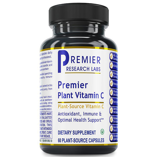 Bottle of Premier Research Labs Premier Plant Vitamin C supplement on a white background