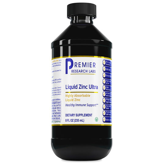 A 8 fl oz black bottle of Premier Research Labs Liquid Zinc Ultra dietary supplement, featuring a white and blue label with gold accents, set against a plain white background.