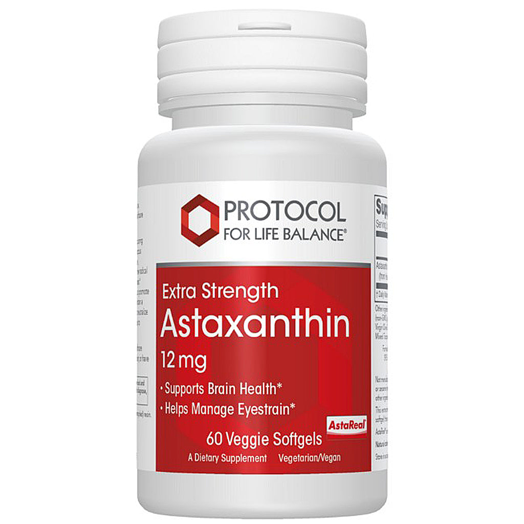 Supplement bottle labeled 'Extra Strength Astaxanthin' by Protocol for Life Balance on a white background.