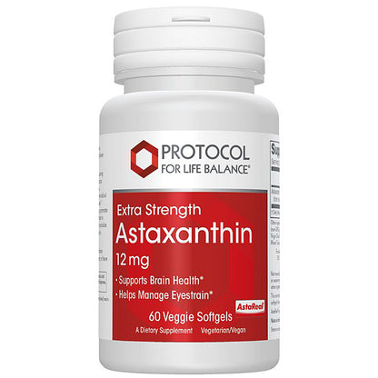 Supplement bottle labeled 'Extra Strength Astaxanthin' by Protocol for Life Balance on a white background.