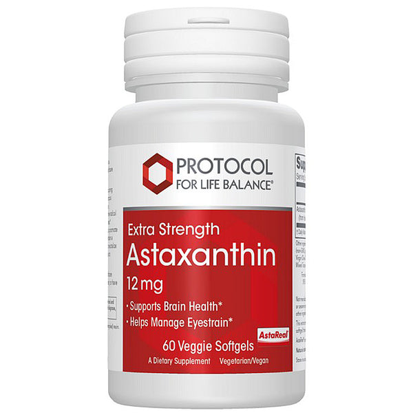 Supplement bottle labeled 'Extra Strength Astaxanthin' by Protocol for Life Balance on a white background.