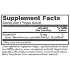 Supplement facts label for a product containing Astaxanthin with serving size and ingredient details.