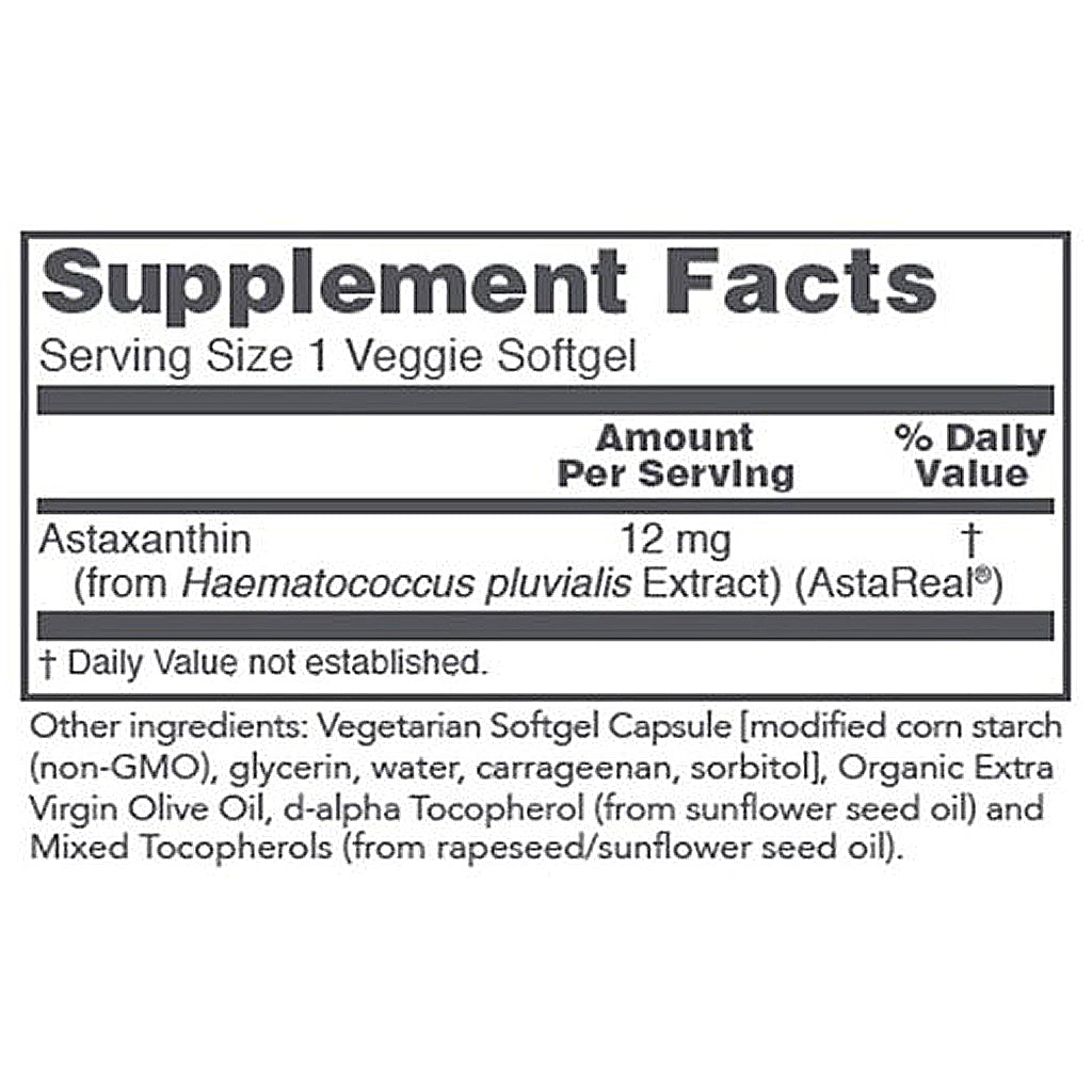 Supplement facts label for a product containing Astaxanthin with serving size and ingredient details.