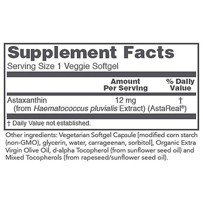 Supplement facts label for a product containing Astaxanthin with serving size and ingredient details.