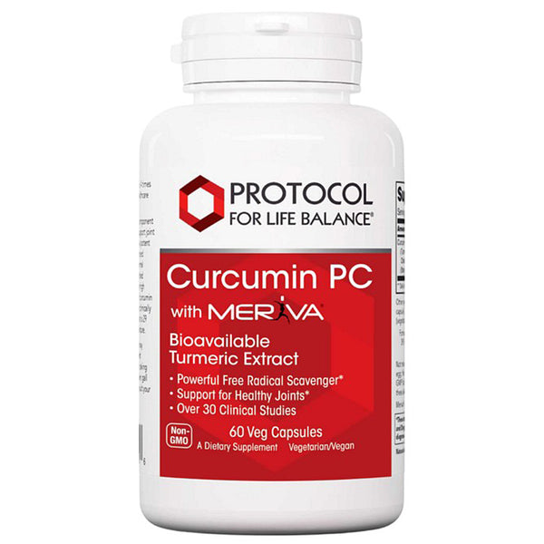Supplement bottle labeled 'Protocol for Life Balance Curcumin PC with Meriva' on a white background