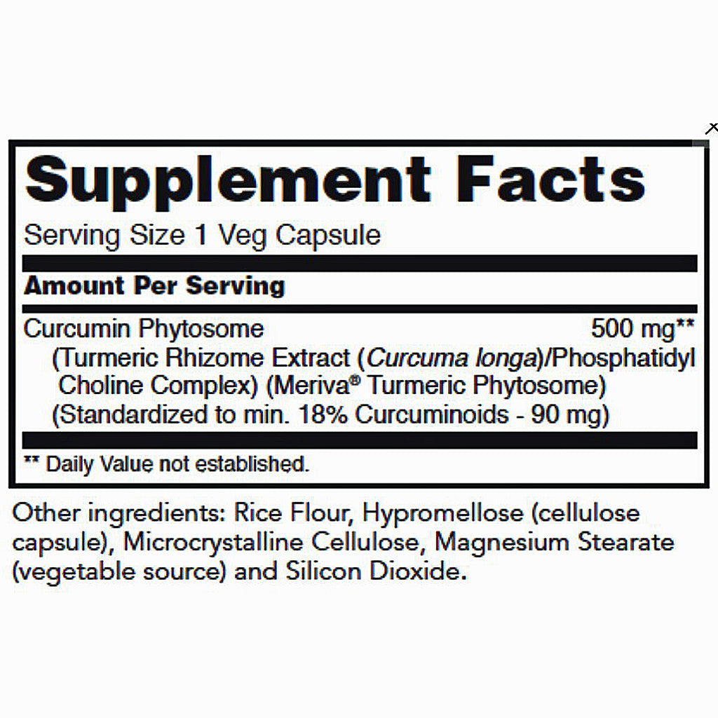 Supplement facts label for a curcumin product on a white background
