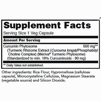 Supplement facts label for a curcumin product on a white background