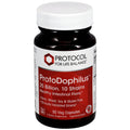 A bottle of Protocol for Life Balance ProtoDophilus dietary supplement, featuring a white cap and a label with a red and white design, set against a plain white background.
