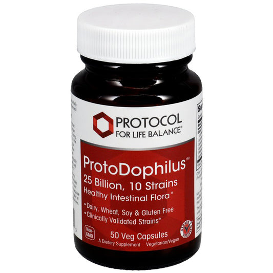 A bottle of Protocol for Life Balance ProtoDophilus dietary supplement, featuring a white cap and a label with a red and white design, set against a plain white background.