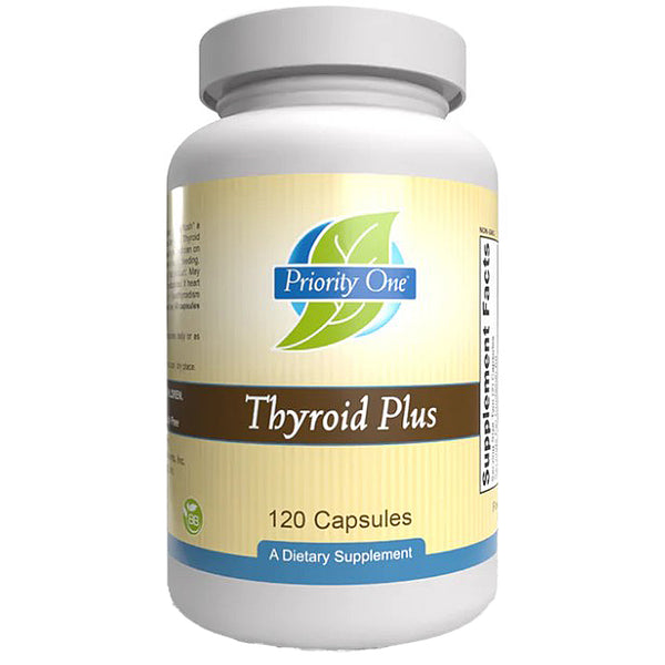 Supplement bottle labeled 'Thyroid Plus' by Priority One on a white background