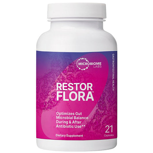 A white plastic bottle of Microbiome Labs Restor Flora dietary supplement with a purple and pink label, containing 21 capsules.