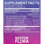 A close-up of a supplement facts label for Restor Flora, showing a purple-to-magenta gradient background with white text listing probiotic blend and bacterial supplement amounts per serving.
