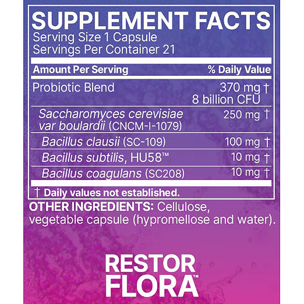 A close-up of a supplement facts label for Restor Flora, showing a purple-to-magenta gradient background with white text listing probiotic blend and bacterial supplement amounts per serving.