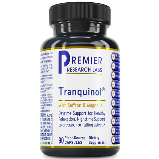 A bottle of Premier Research Labs Tranquinol dietary supplement with a black cap and a white label featuring blue and gold text, on a plain white background.
