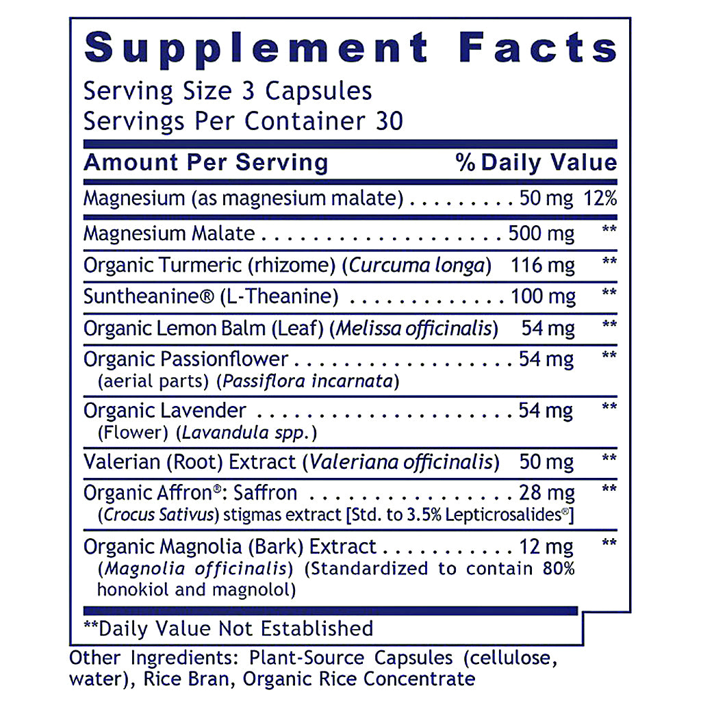 A close-up of a supplement facts label showing a list of ingredients and daily value information for a 3-capsule serving size.