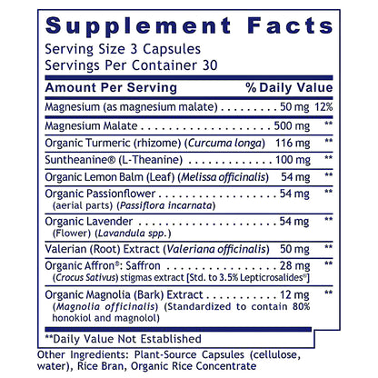 A close-up of a supplement facts label showing a list of ingredients and daily value information for a 3-capsule serving size.