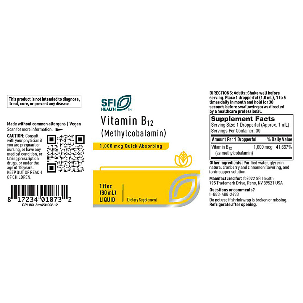 SFI Health Vitamin B12 liquid (Methylcobalamin) 1,000 mcg 1 oz.