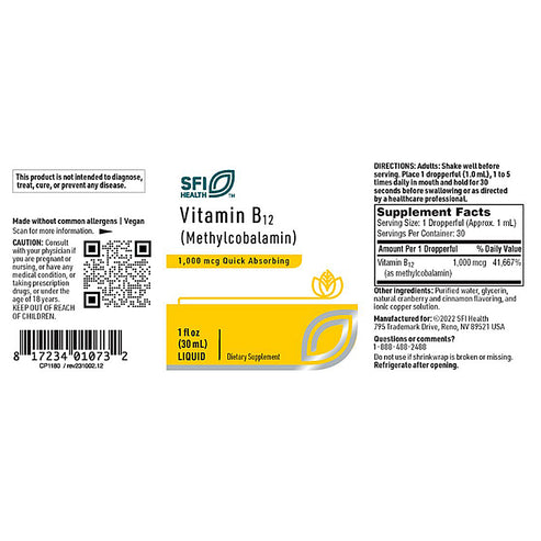 SFI Health Vitamin B12 liquid (Methylcobalamin) 1,000 mcg 1 oz.