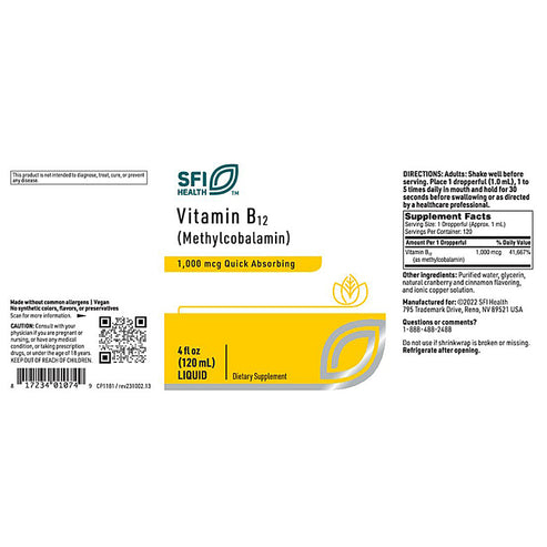 SFI Health Vitamin B12 liquid (Methylcobalamin) 1,000 mcg 4 oz.