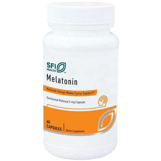 A white plastic bottle of SFI Health Melatonin dietary supplement with a white cap, featuring an orange and white label on a plain white background.