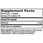 A supplement facts label showing Melatonin 2 mg per capsule, with serving size 1 capsule and 60 servings per container. The label lists other ingredients including microcrystalline cellulose, hydroxypropyl methylcellulose, vegetarian capsule, and magnesium stearate on a white background.