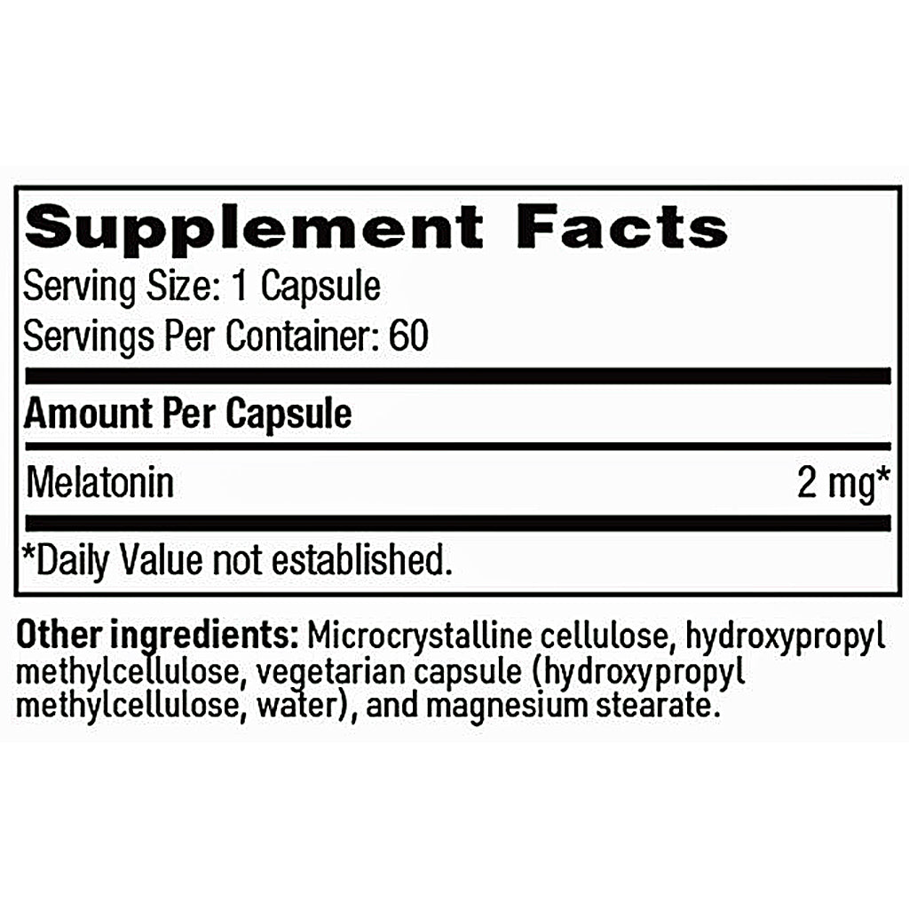 A supplement facts label showing Melatonin 2 mg per capsule, with serving size 1 capsule and 60 servings per container. The label lists other ingredients including microcrystalline cellulose, hydroxypropyl methylcellulose, vegetarian capsule, and magnesium stearate on a white background.