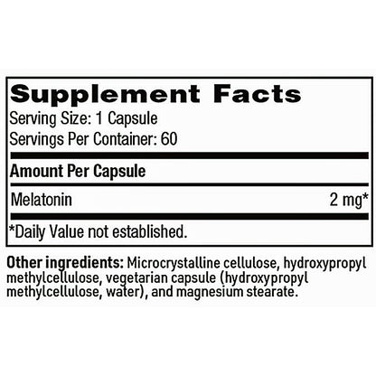 A supplement facts label showing Melatonin 2 mg per capsule, with serving size 1 capsule and 60 servings per container. The label lists other ingredients including microcrystalline cellulose, hydroxypropyl methylcellulose, vegetarian capsule, and magnesium stearate on a white background.