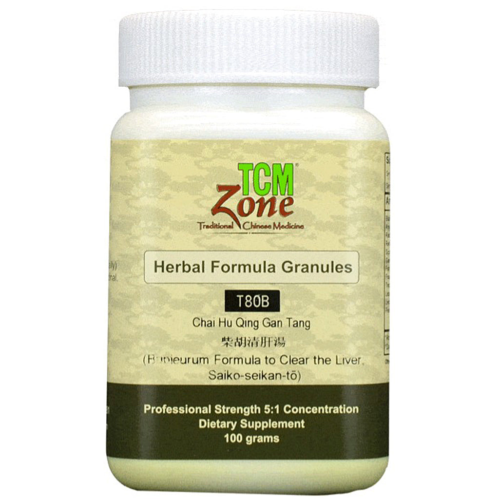 A white plastic bottle of TCM Zone Herbal Formula Granules, featuring a light beige label with green and red branding and a dark green bottom band, on a white background.