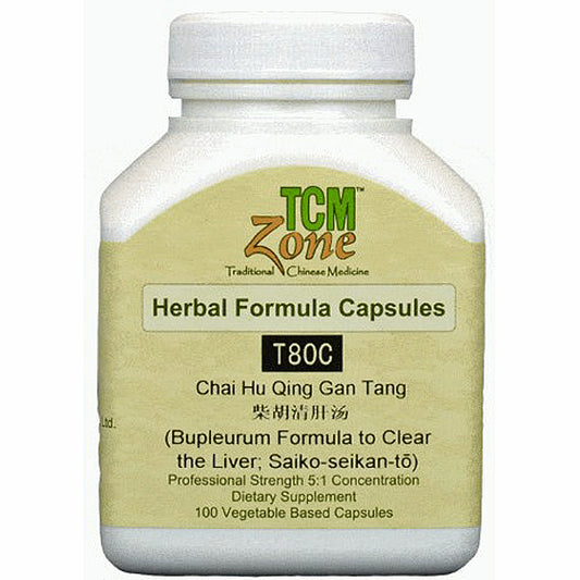 A white plastic bottle of TCM Zone Herbal Formula Capsules, specifically T80C Chai Hu Qing Gan Tang, with a beige label and white cap on a white background.