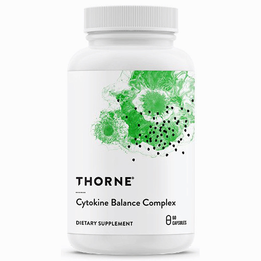 A white plastic bottle of THORNE Cytokine Balance Complex dietary supplement with a white cap, featuring a green and black abstract label design on a clean white background.