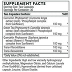 Supplement facts label with detailed ingredient list and serving size information.