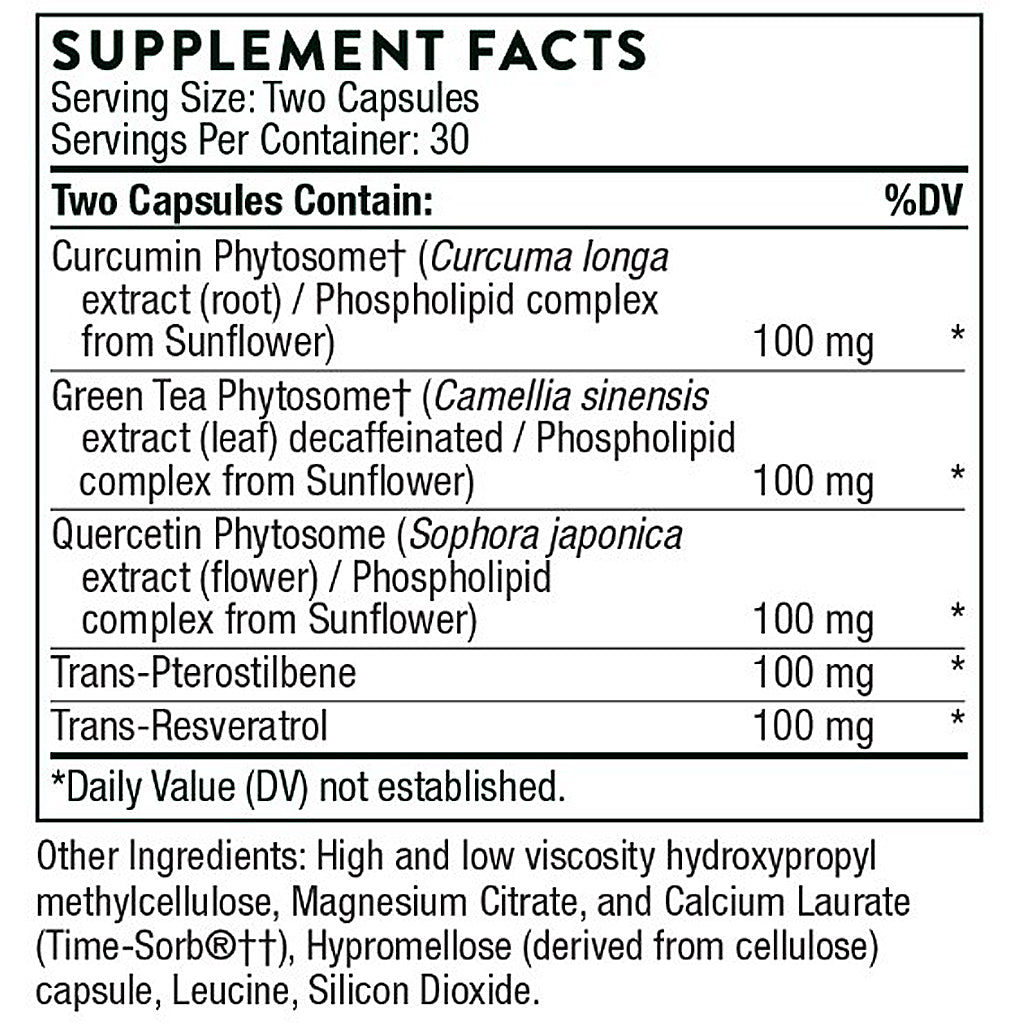 Supplement facts label with detailed ingredient list and serving size information.