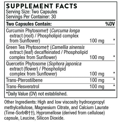 Supplement facts label with detailed ingredient list and serving size information.