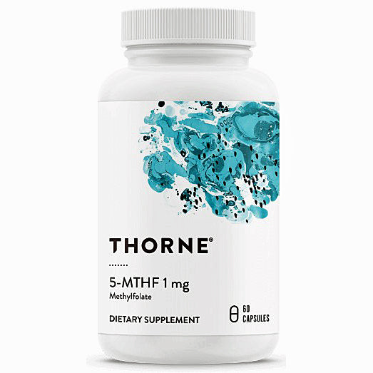 A white plastic bottle of Thorne 5-MTHF 1 mg dietary supplement with a white cap and a label featuring a teal abstract paint splatter design.