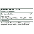 A supplement facts label showing serving size as one capsule, with one capsule containing 1.7 mg DFE and 425% DV of folate.