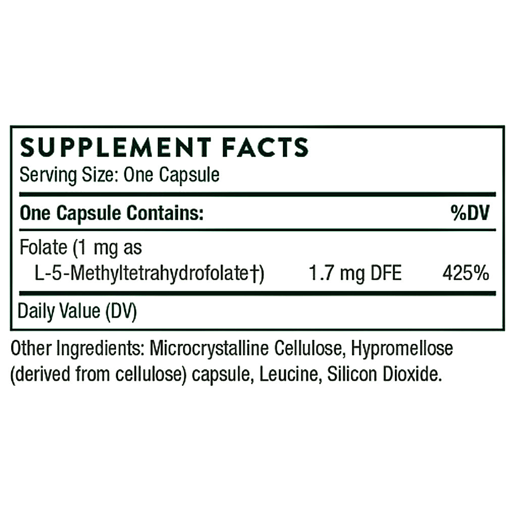 A supplement facts label showing serving size as one capsule, with one capsule containing 1.7 mg DFE and 425% DV of folate.