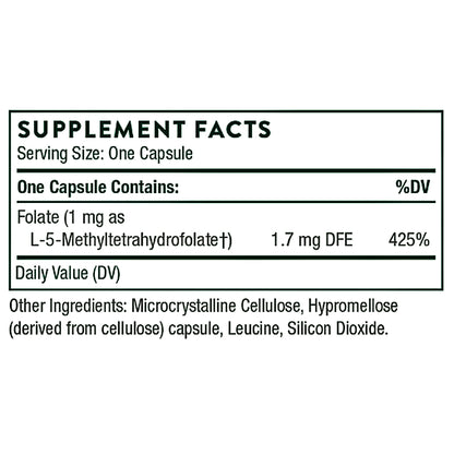 A supplement facts label showing serving size as one capsule, with one capsule containing 1.7 mg DFE and 425% DV of folate.