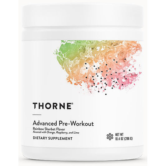 Thorne Advanced Pre-Workout supplement container with colorful design on a white background