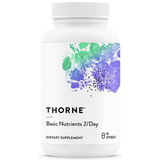 Thorne Basic Nutrients 2/Day dietary supplement bottle with colorful label on a white background