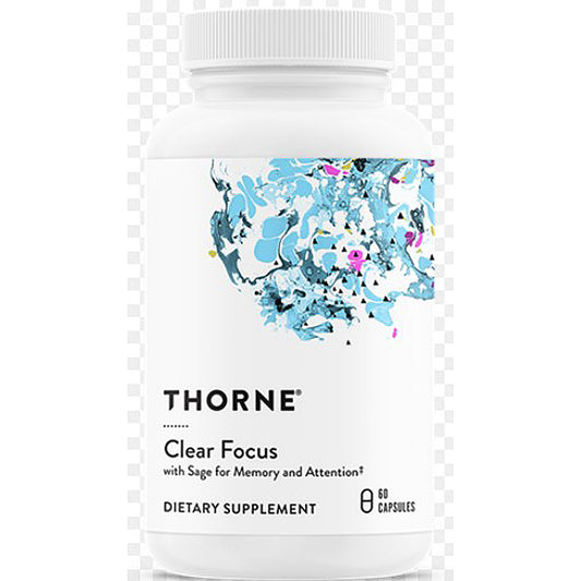 A white plastic bottle of THORNE Clear Focus dietary supplement with a white cap, featuring a blue and black abstract paint splatter design on the label, set against a white background with a faint gray checkerboard pattern.